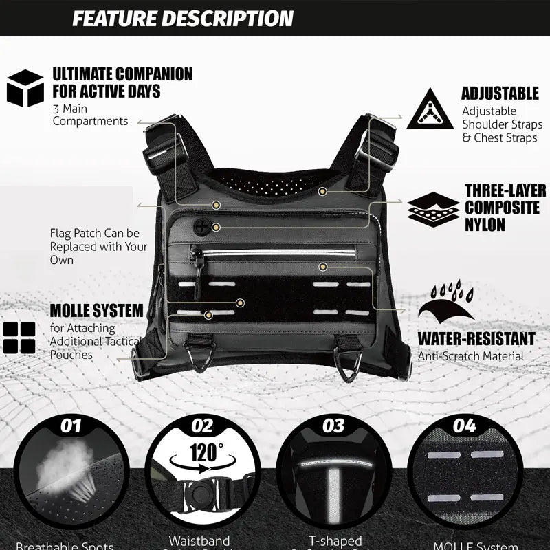 Black tactical chest rig vest bag featuring adjustable straps, a flag patch, and a molle system for outdoor gear.