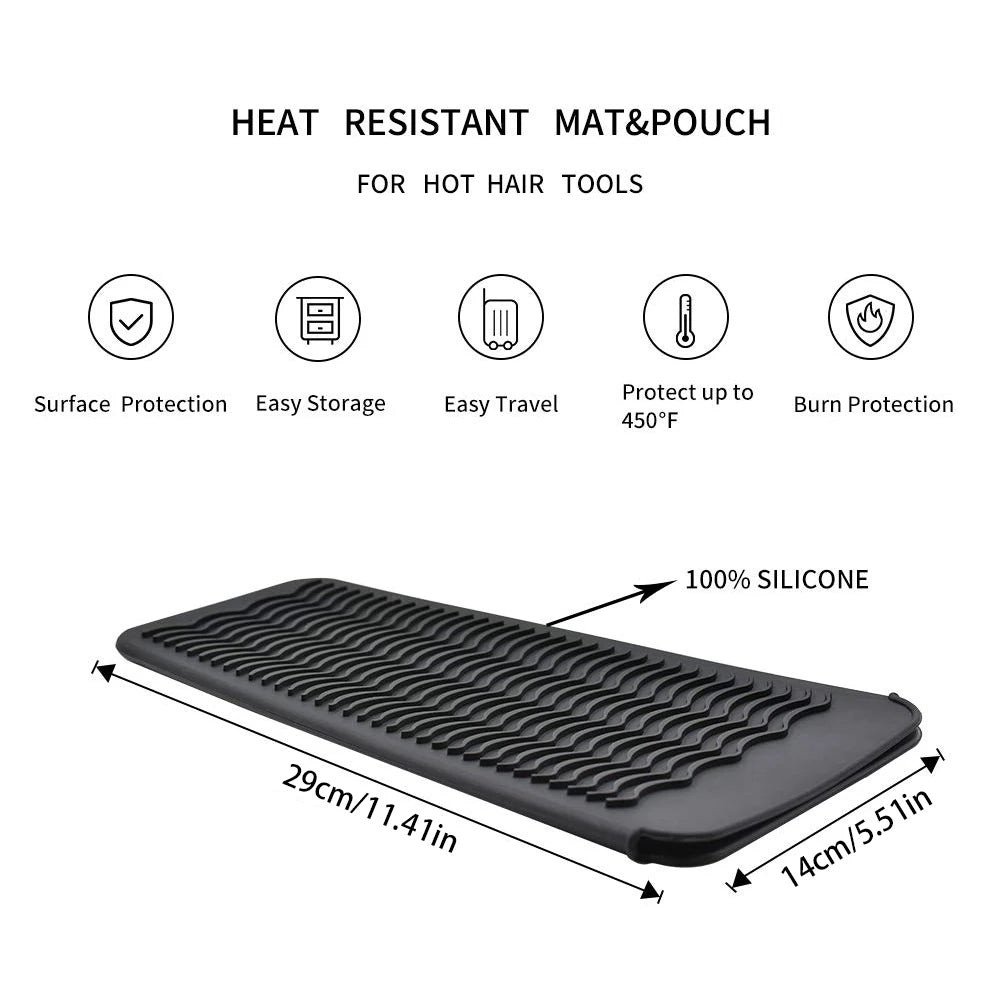 Black heat resistant silicone mat and pouch designed for protecting hot hair tools