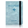 A light blue leather passport holder with a dark strap and the word passport printed on it.