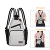 A gray multi-use adjustable chest and shoulder backpack shown in detail with separate images for backpack and crossbody style