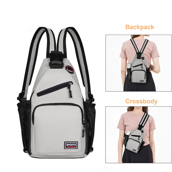 Grauer multifunktionaler, verstellbarer Rucksack für Brust und Schulter, gezeigt im Detail sowie als Crossbody-Stil