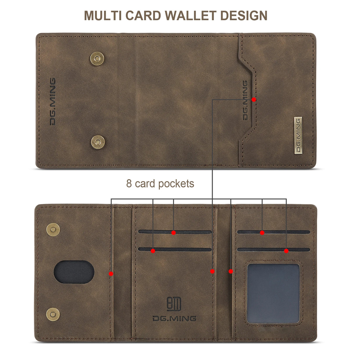 A brown leather multi card wallet design showing eight card pockets and a separate ID slot.