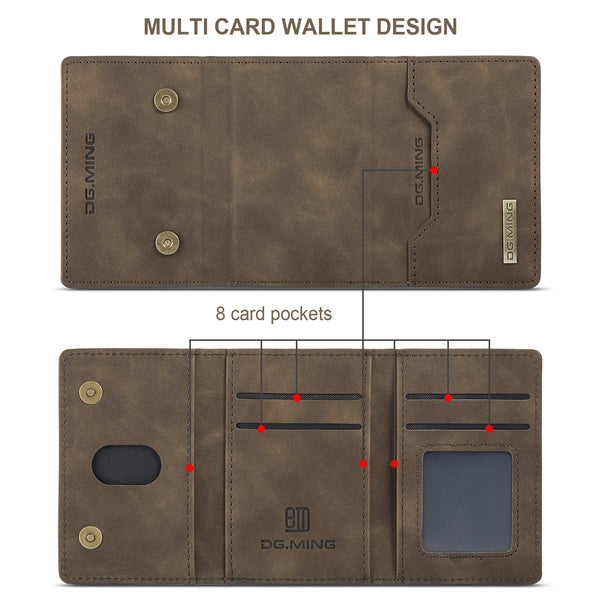 A brown leather multi card wallet design showing eight card pockets and a separate ID slot.