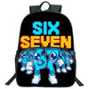 A black backpack featuring the text SIX SEVEN in bright blue and orange letters.