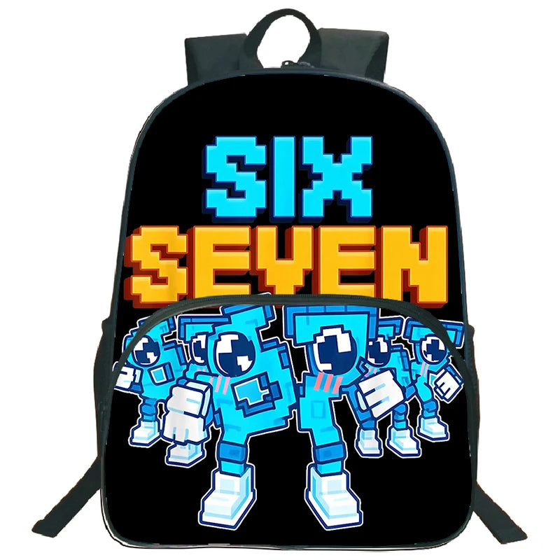A black backpack featuring the text SIX SEVEN in bright blue and orange letters.
