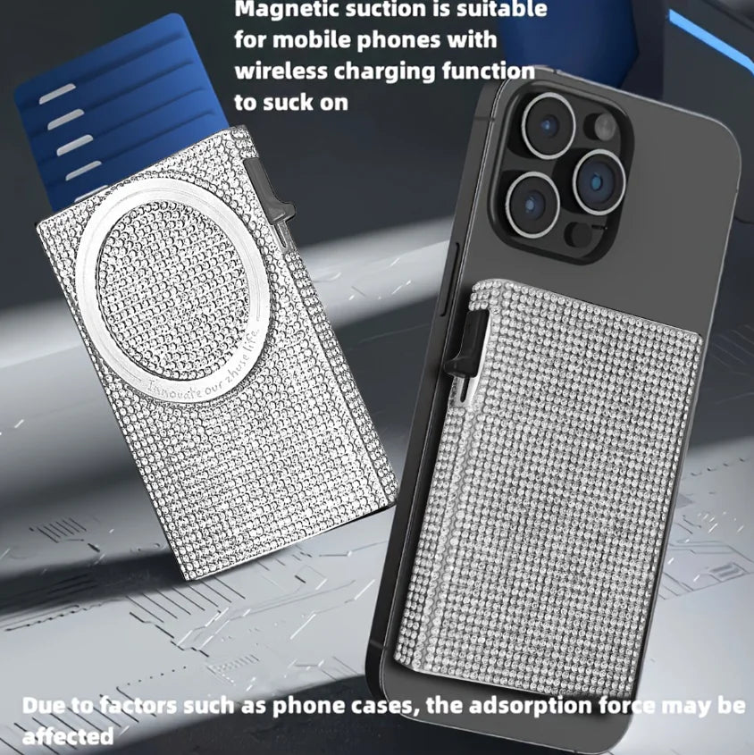 A magnetic card holder wallet is shown with a phone case, demonstrating its suction function for wireless charging.