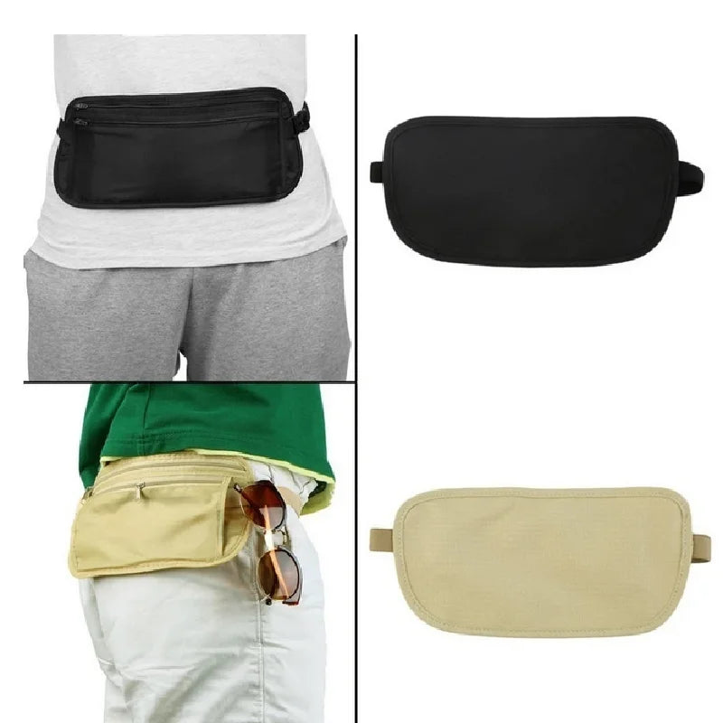 Black invisible waist pack shown on a person, with a beige version displayed separately.
