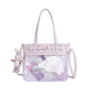 A light purple Y2K punk goth crossbody bag with a clear mesh front and gold hardware.