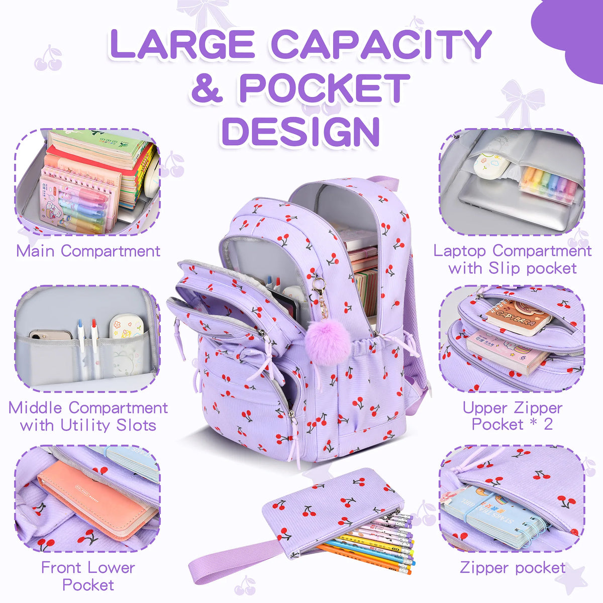 Lila Samt-Schulrucksack-Set mit mehreren Fächern und Taschen