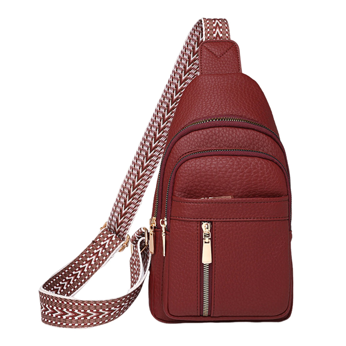 A maroon PU leather crossbody chest bag with a patterned strap shown from the back.