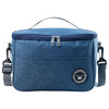 A dark blue insulated portable lunch bag with a zipper and shoulder strap.