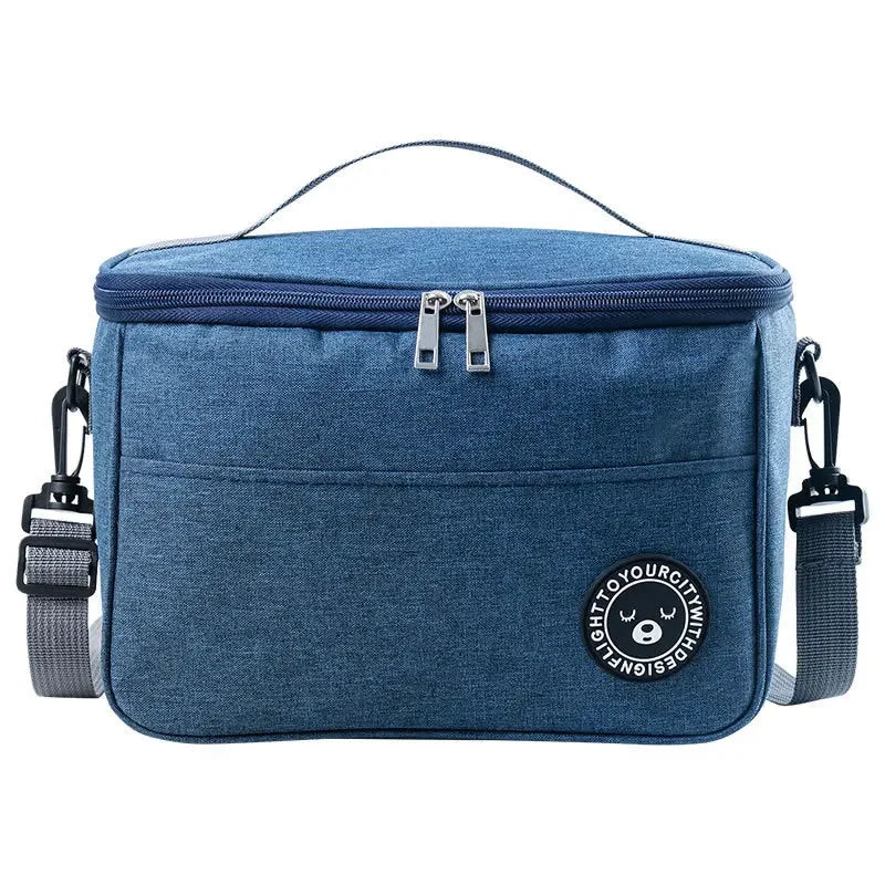 A dark blue insulated portable lunch bag with a zipper and shoulder strap.