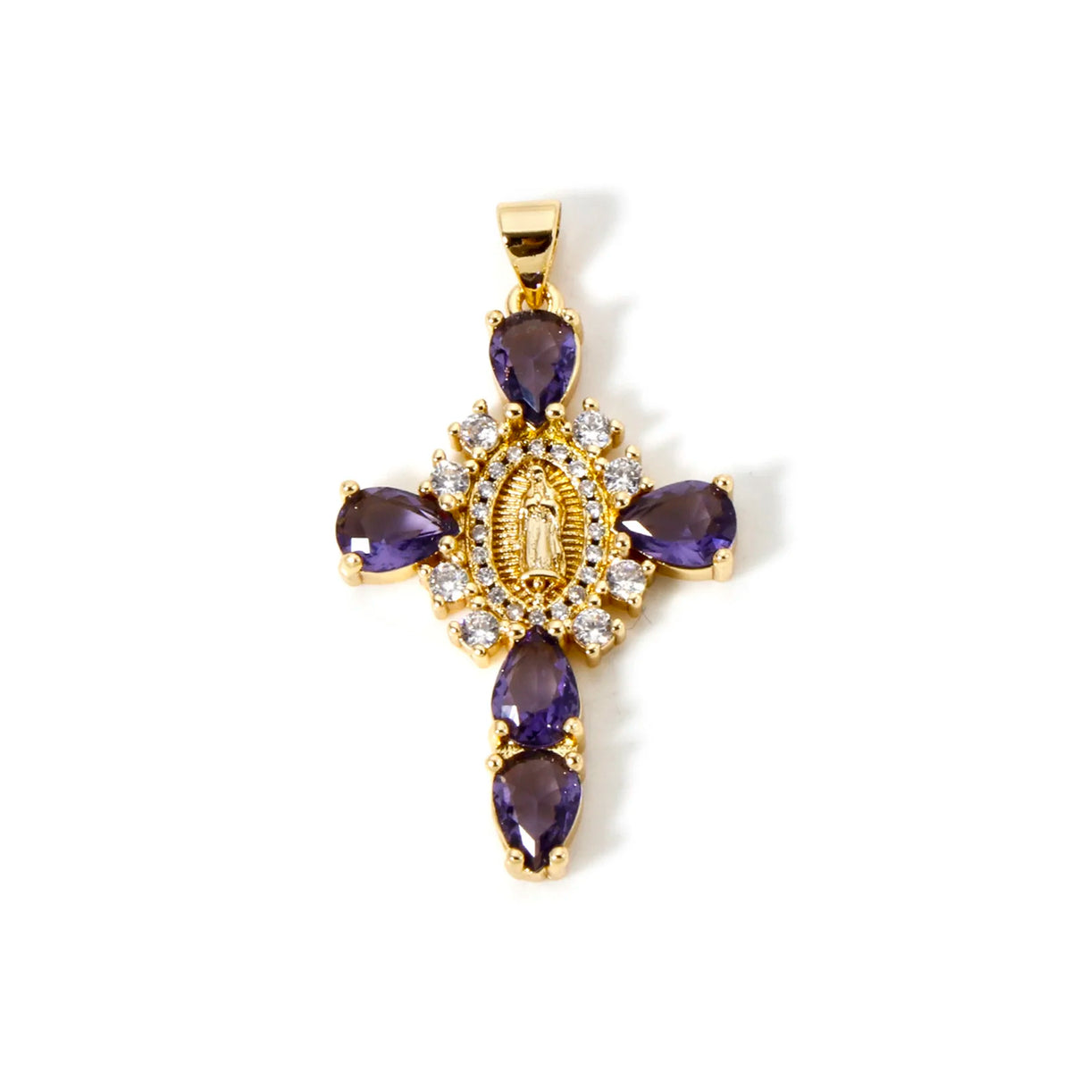 A gold-plated cross and Virgin Mary charm pendant featuring purple gemstones and cubic zirconia.