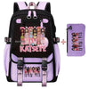 A purple and black canvas backpack featuring a funny print design of girls.