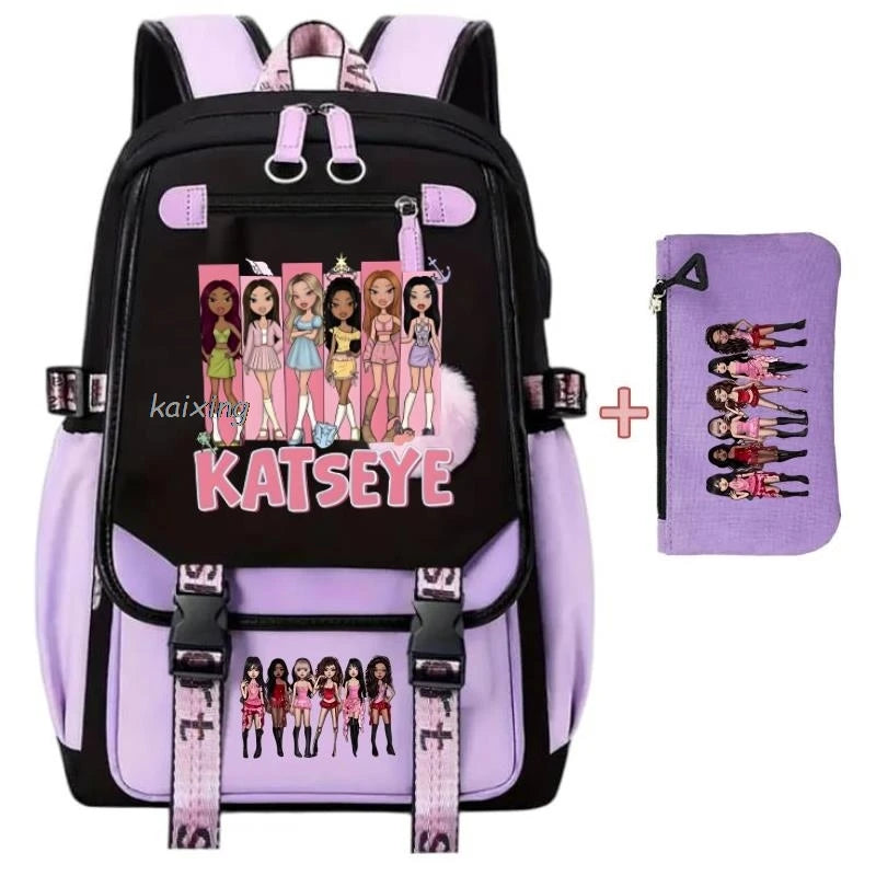 A purple and black canvas backpack featuring a funny print design of girls.