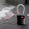 A black travel lock with a silver loop and three numbered dials is shown against a dark background.