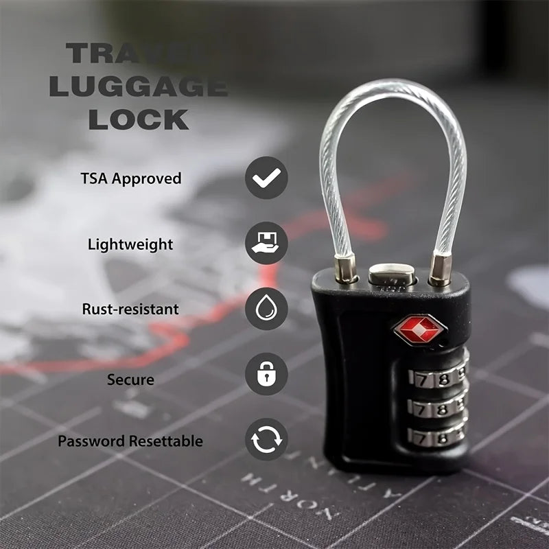 A black travel lock with a silver loop and three numbered dials is shown against a dark background.