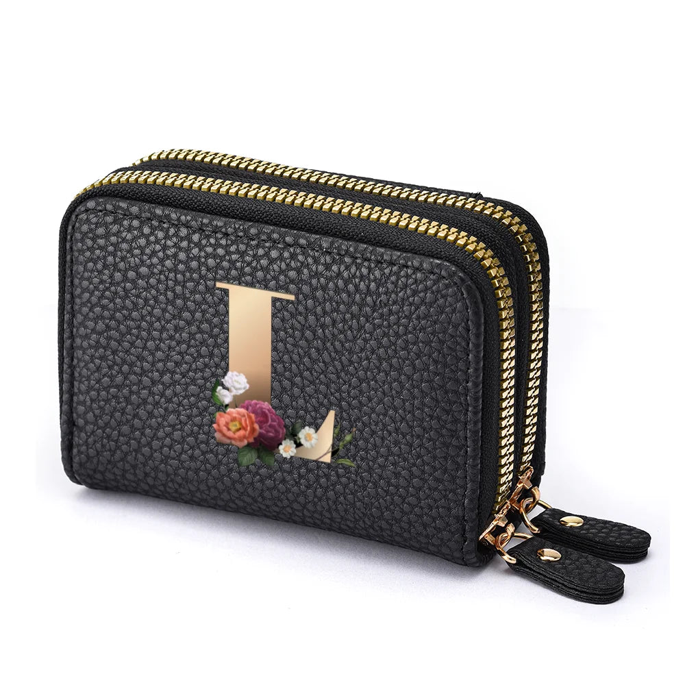 Black floral letter print mini wallet with gold zipper details