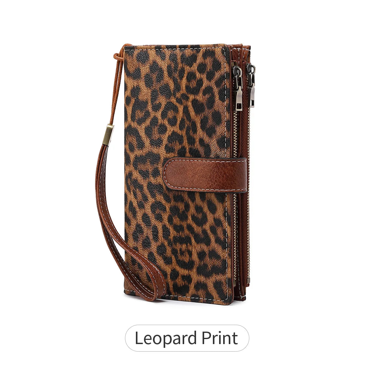 A brown leopard print trifold clutch wallet with a leather strap and zipper closure.