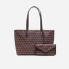 A dark brown geometric print tote bag and matching clutch set for women.