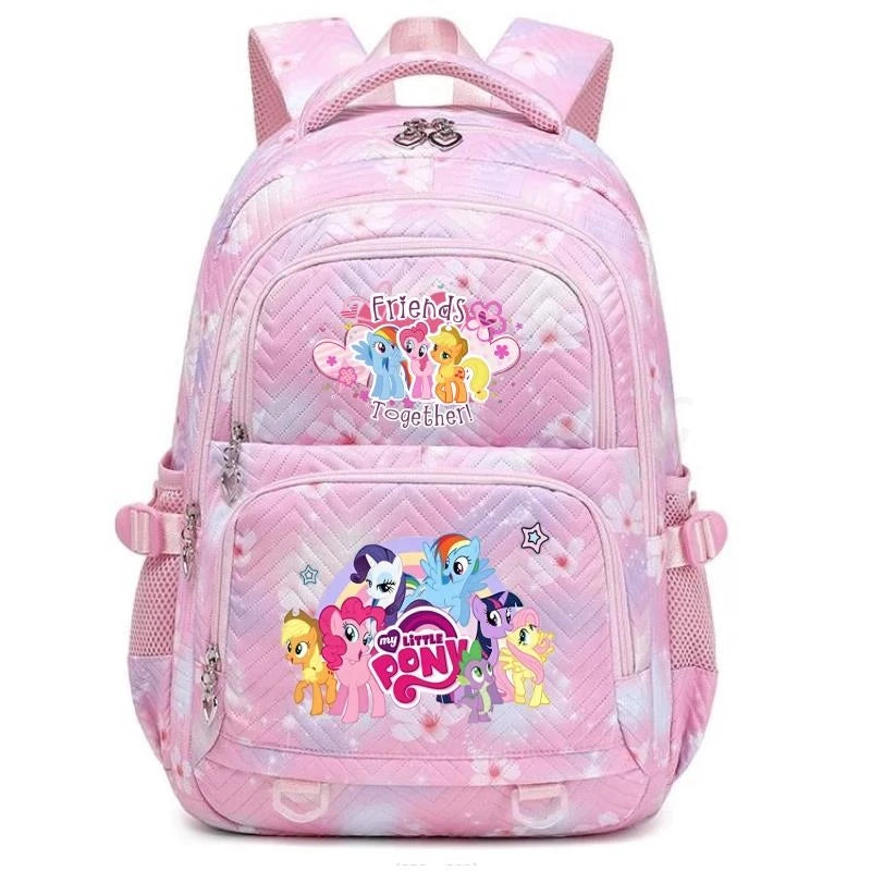 Pink backpack featuring a Friends theme with colorful characters and a pastel design