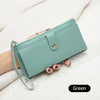 A mint green elegant PU leather coin purse and card holder is shown being held by a hand on a white surface.