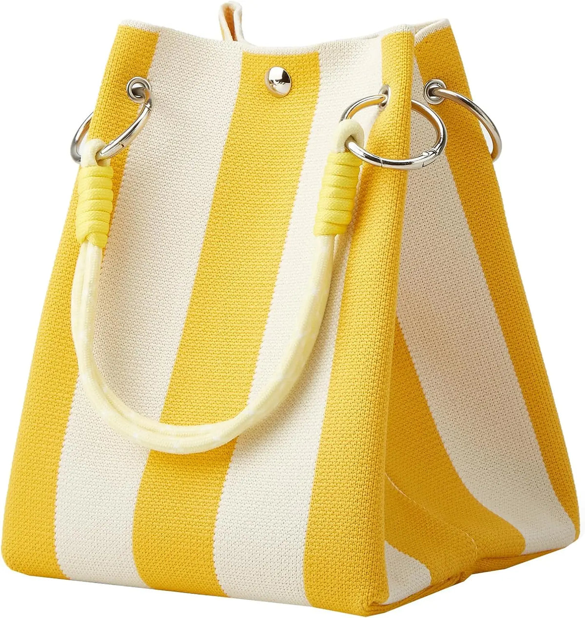 A yellow and cream striped knit bucket tote bag with gold hardware.