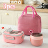A pink insulated lunch set includes a lunch bag and a food container, displayed on a white surface.