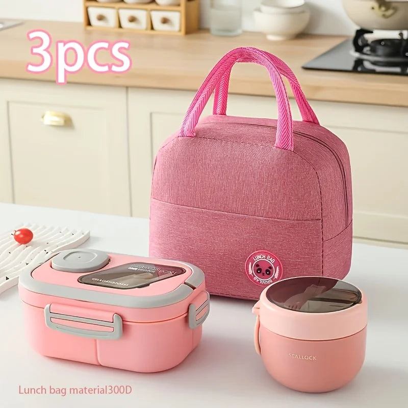 A pink insulated lunch set includes a lunch bag and a food container, displayed on a white surface.
