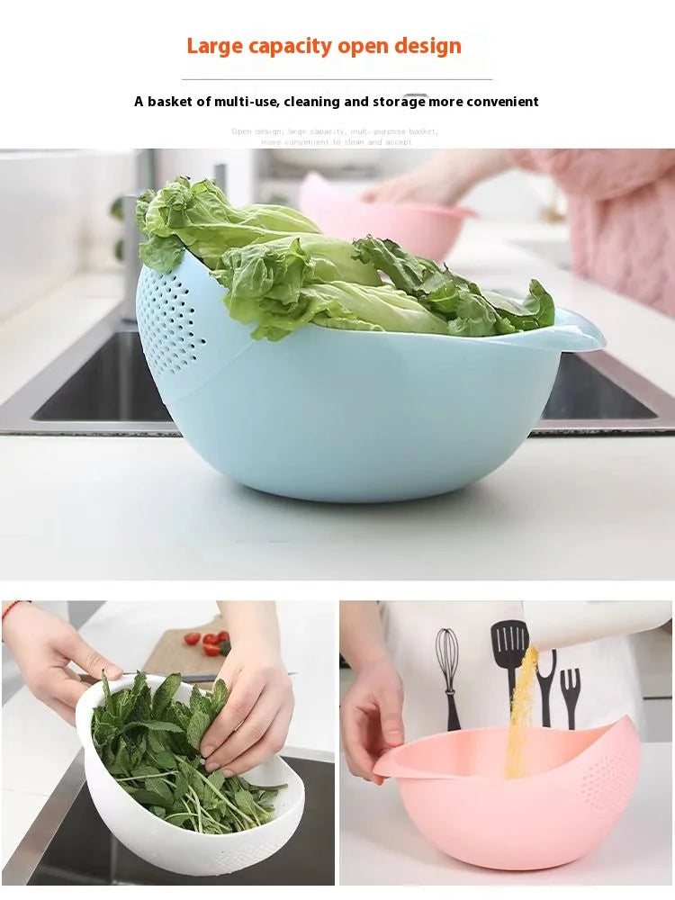 A light blue plastic basket used for multi-purpose storage, holding fresh green lettuce leaves.