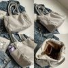 A light beige casual corduroy handbag shown in various angles against a denim background.