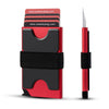 A red and black RFID blocking metal pop-up card wallet shown in a vertical view.