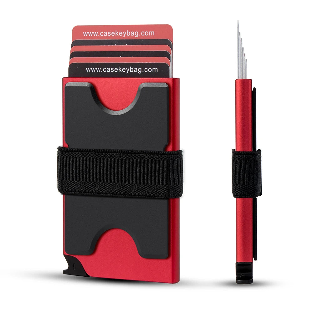 A red and black RFID blocking metal pop-up card wallet shown in a vertical view.