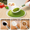 A precision digital kitchen scale is shown measuring green powder and liquid on a wooden surface.