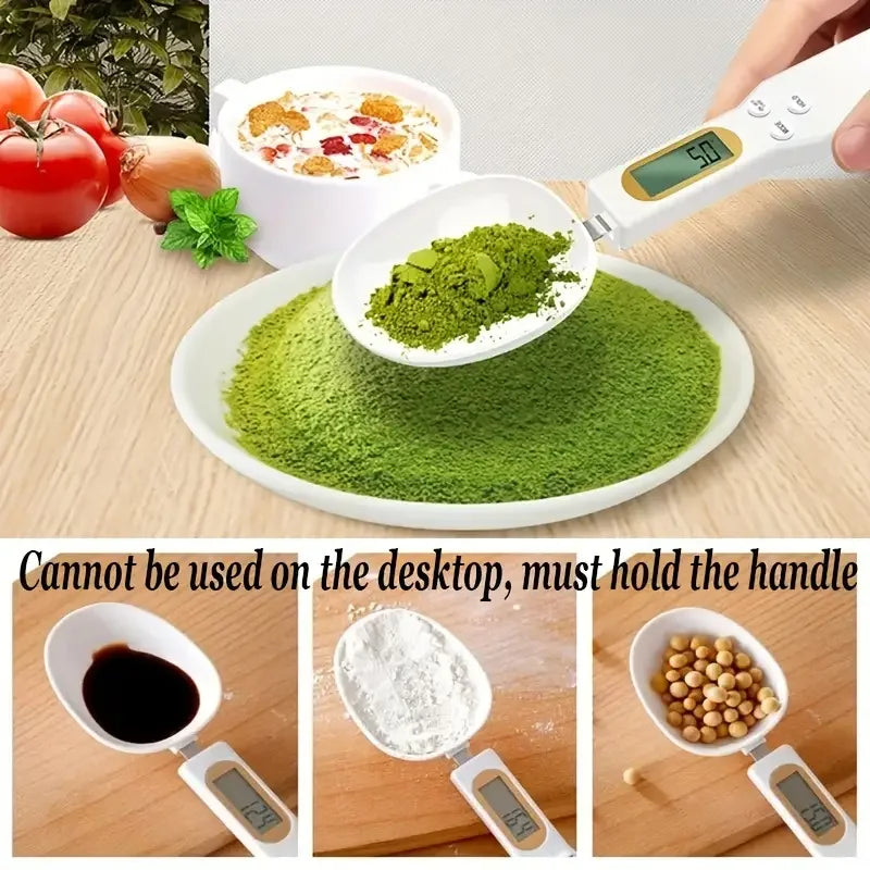 A precision digital kitchen scale is shown measuring green powder and liquid on a wooden surface.