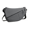 A gray women's casual PU chest bag with a flap closure and strap is shown against a white background.