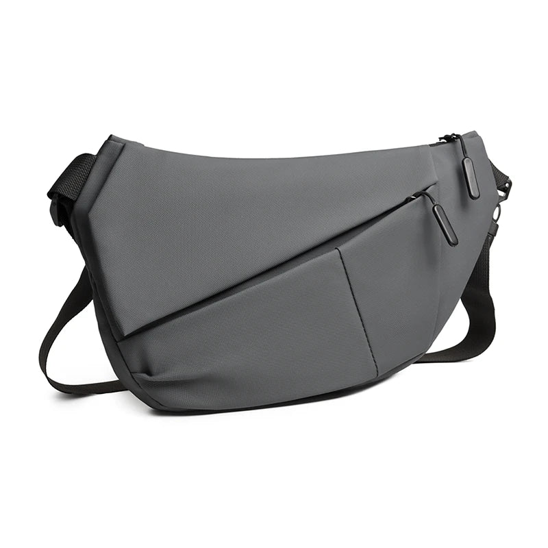 A gray women's casual PU chest bag with a flap closure and strap is shown against a white background.