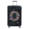 A dark gray stretch fabric luggage protection cover with silver handles and wheels.