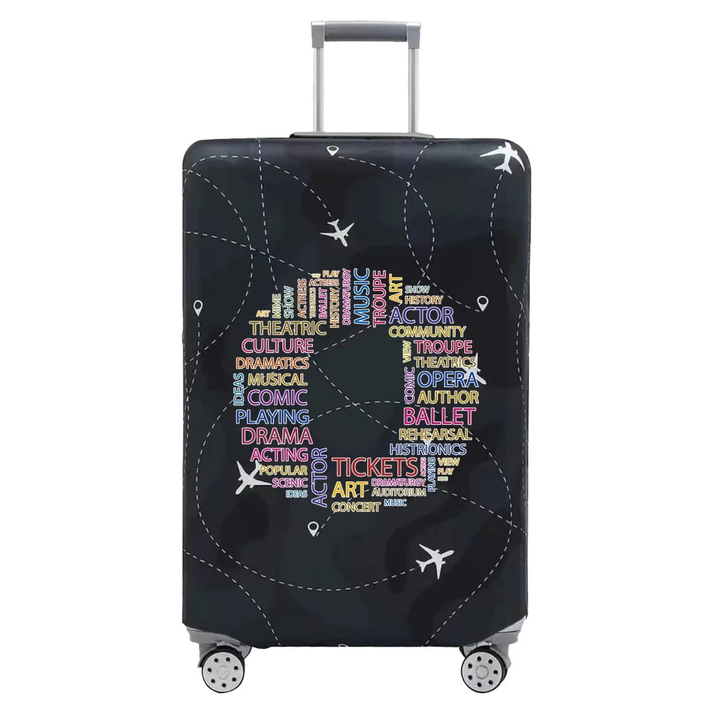 A dark gray stretch fabric luggage protection cover with silver handles and wheels.