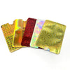 A set of ten anti-RFID blocking card holders in various colors including gold, orange, red, and iridescent shades.