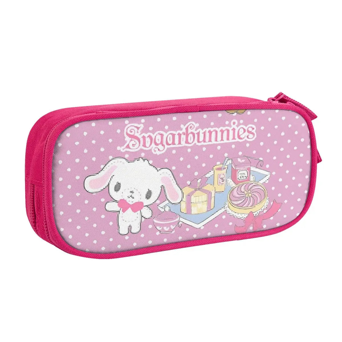 Pink zippered pencil case featuring a cute white bunny design and the text Sugar Bunnies