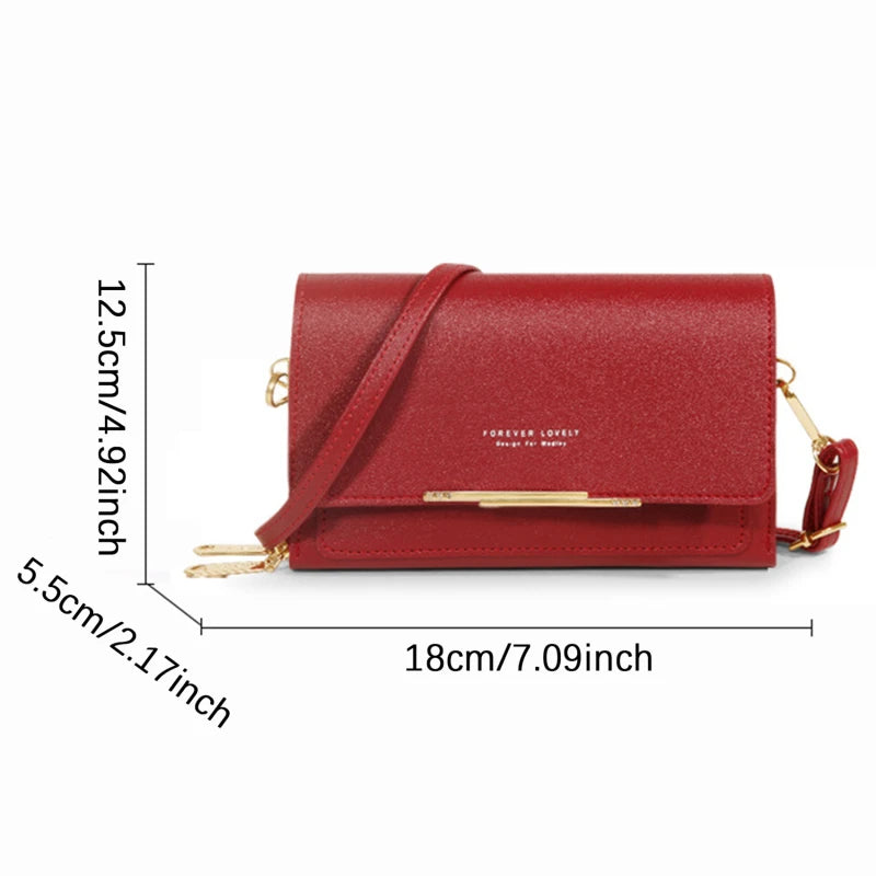 A red leather multi-card shoulder wallet with a gold-tone strap and hardware.
