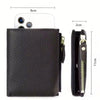 A black genuine leather slim bi-fold wallet shown next to an iPhone for scale.