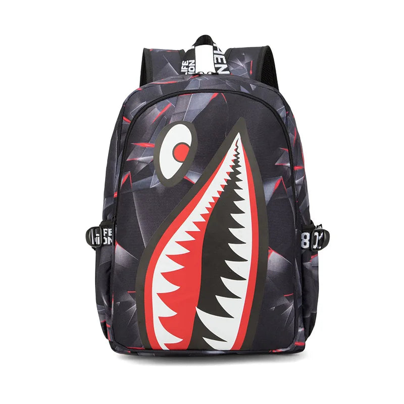 A black and gray casual travel backpack featuring a red and white graphic design.
