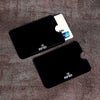 A black RFID protection card sleeve is shown next to a white credit card.