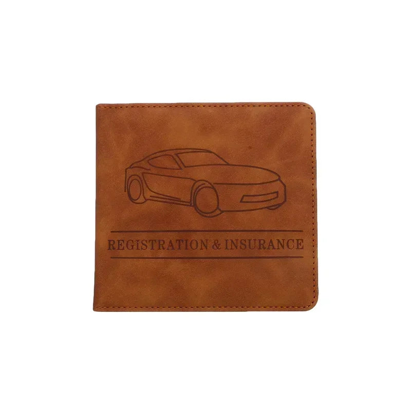 A brown PU leather glove box wallet with a line drawing of a car and the text Registration & Insurance.