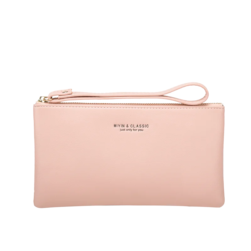 Minimalistiges, hellrosa PU-Leder-Geldbörsen mit Reißverschluss für Karten und Handy mit rosa Trageriem.