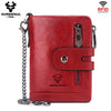 A red genuine leather bifold wallet with a zipper and RFID blocking protection is shown.