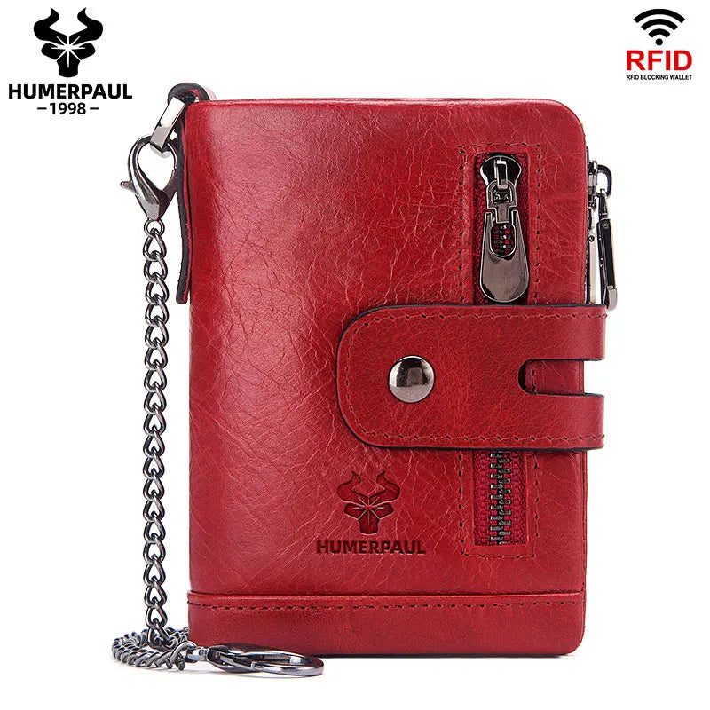 A red genuine leather bifold wallet with a zipper and RFID blocking protection is shown.