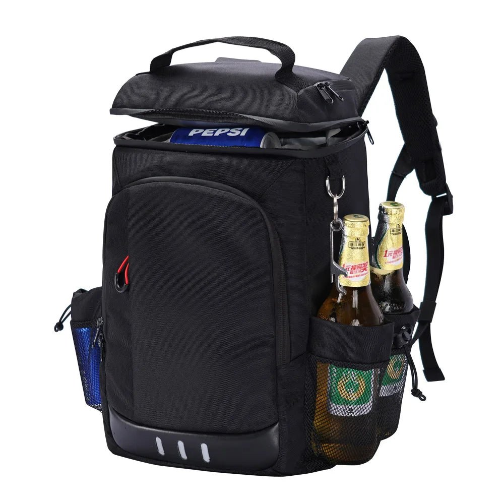 Black insulated picnic cooler backpack with bottle opener and storage pockets for drinks